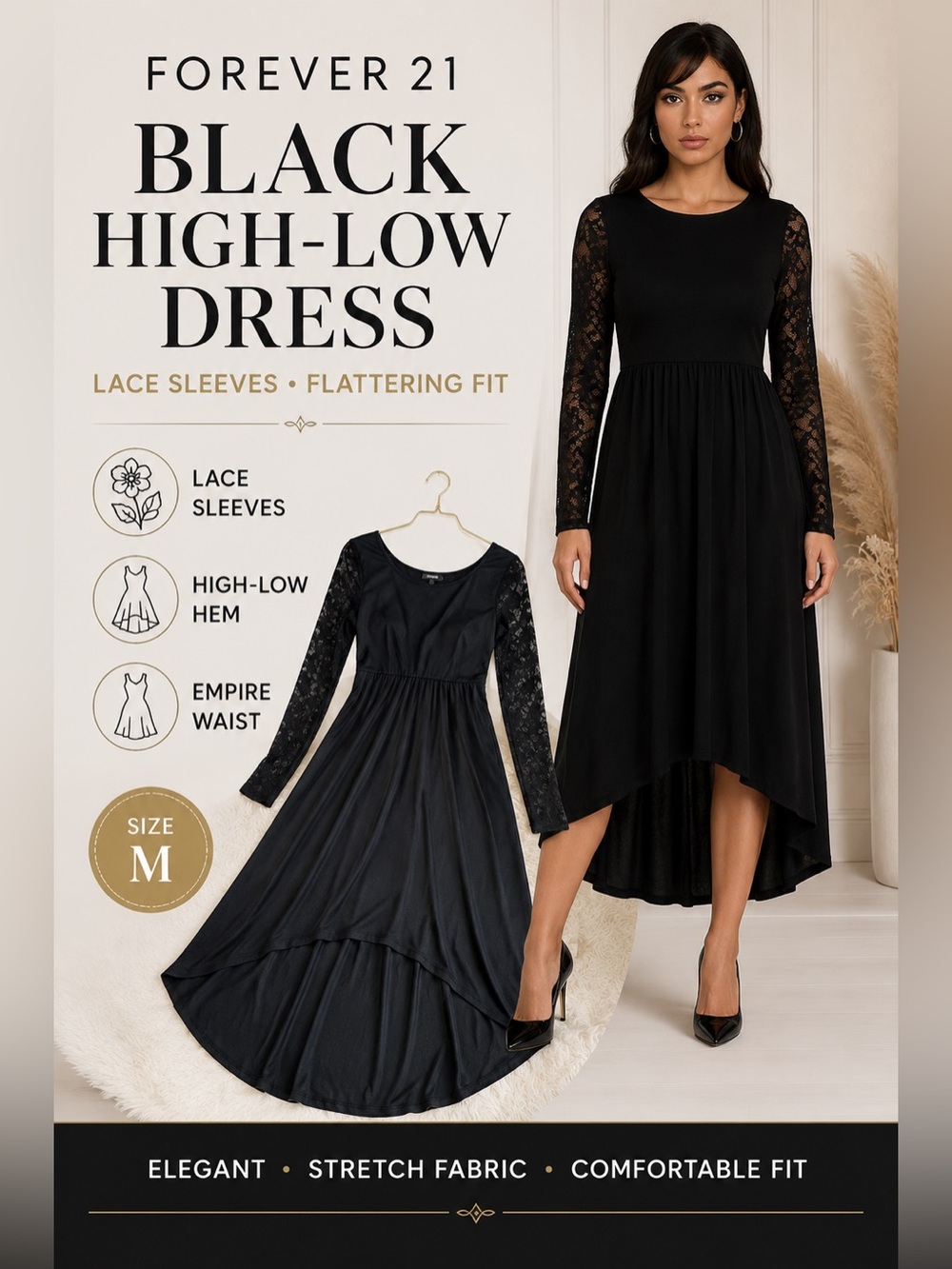 Forever 21 Black High Low Midi Dress Lace Sleeve Fit & Flare Size M